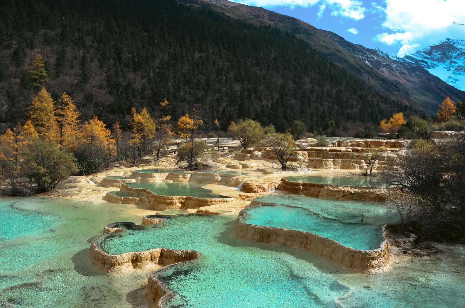 Terraced blue and green pools at Huanglong in Sichuan.